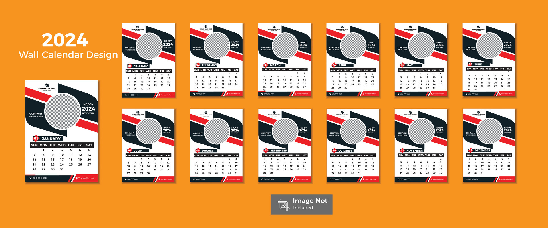 Modern 2024 Calendar Template 12 pages design Template With Creative