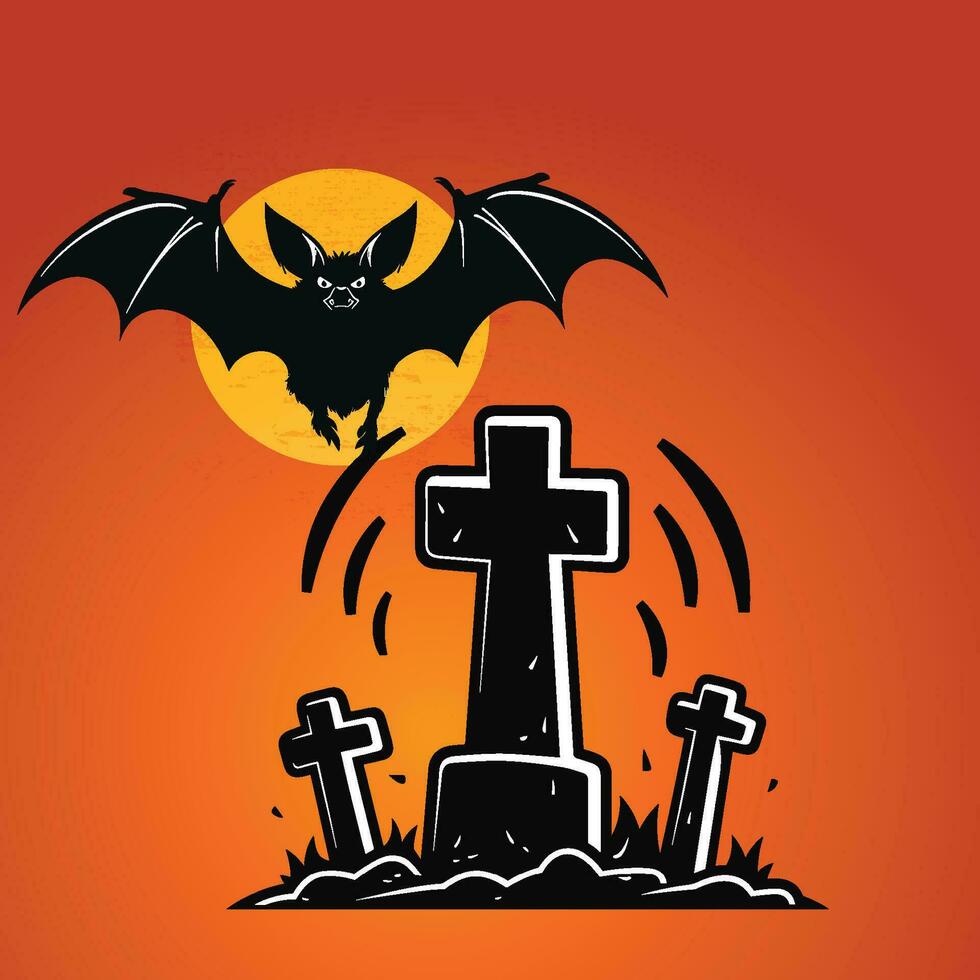 A Scary Bat Flying Over a Cross-Filled Graveyard vector