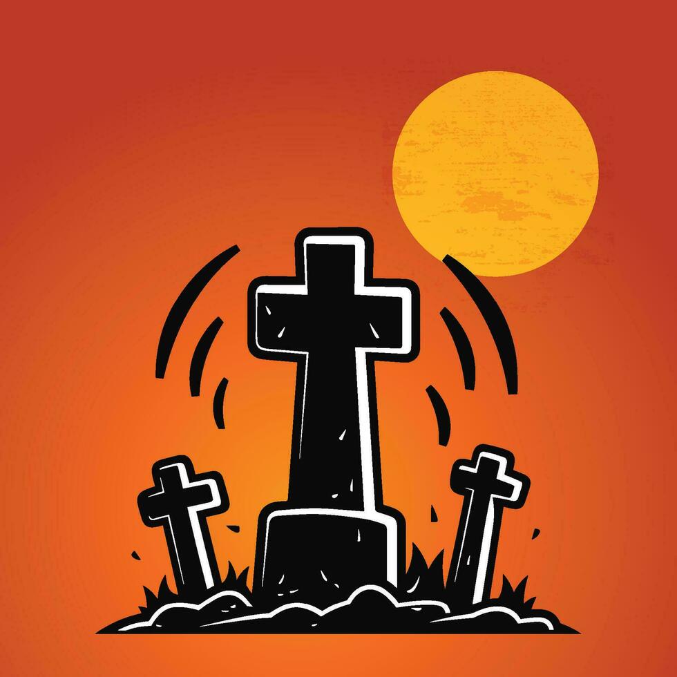 Crosses in a Graveyard with Orange Sunset Background vector