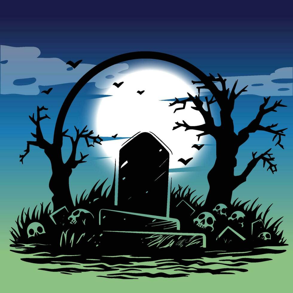 escalofriante cementerio escena con lleno Luna y murciélagos vector