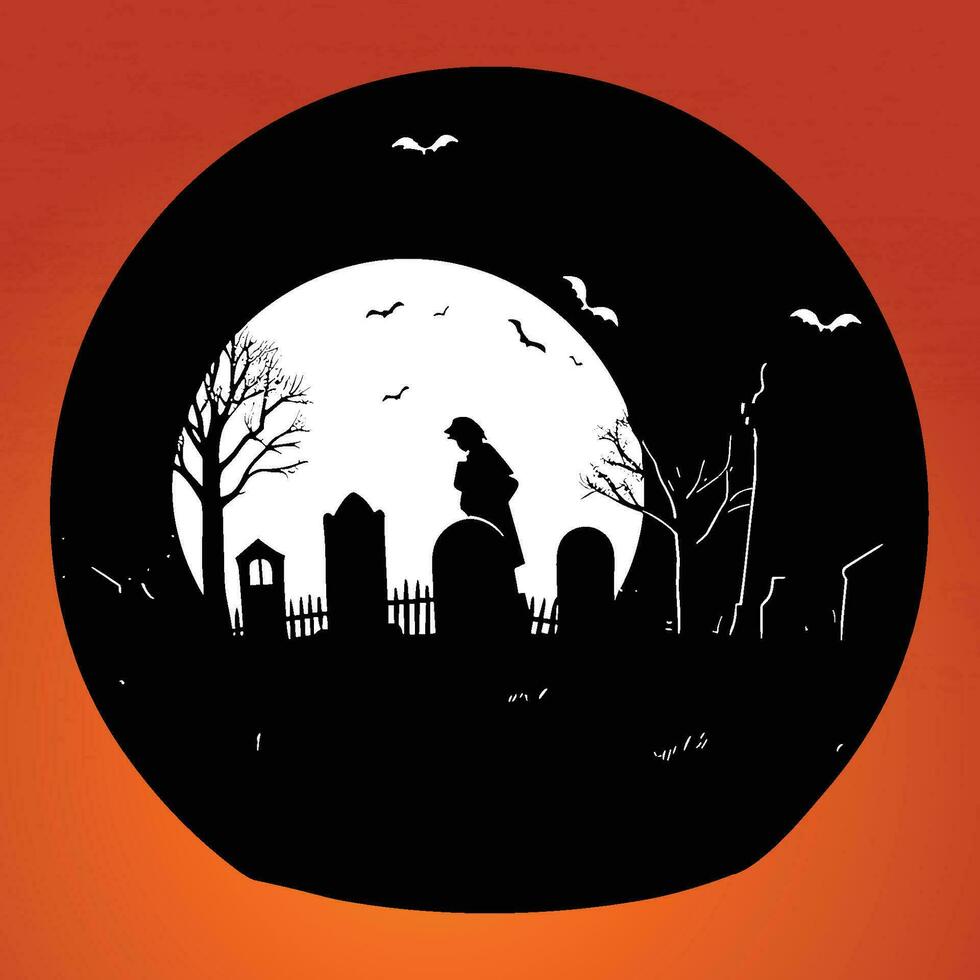 Silhouette of a woman in a graveyard at night vector