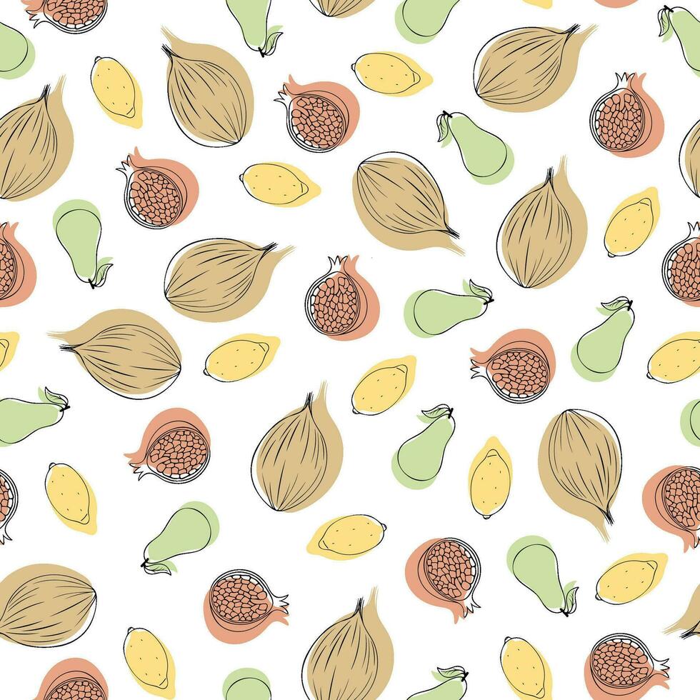 Fruits seamless pattern background design. Hand drawn coconut, lemon, pears and pomegranat etc. vector