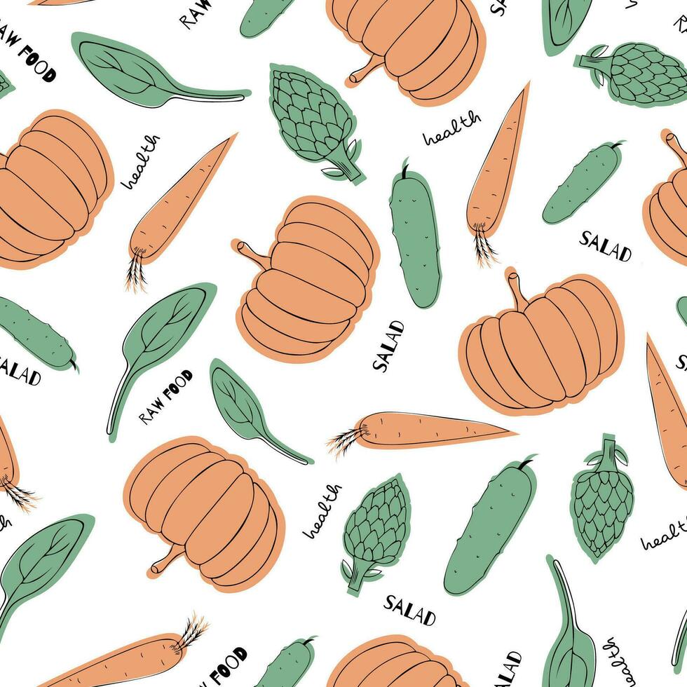 Assorted vegetables seamless pattern with pumpkin, carrotm spinach and artichoke on a white background. vector