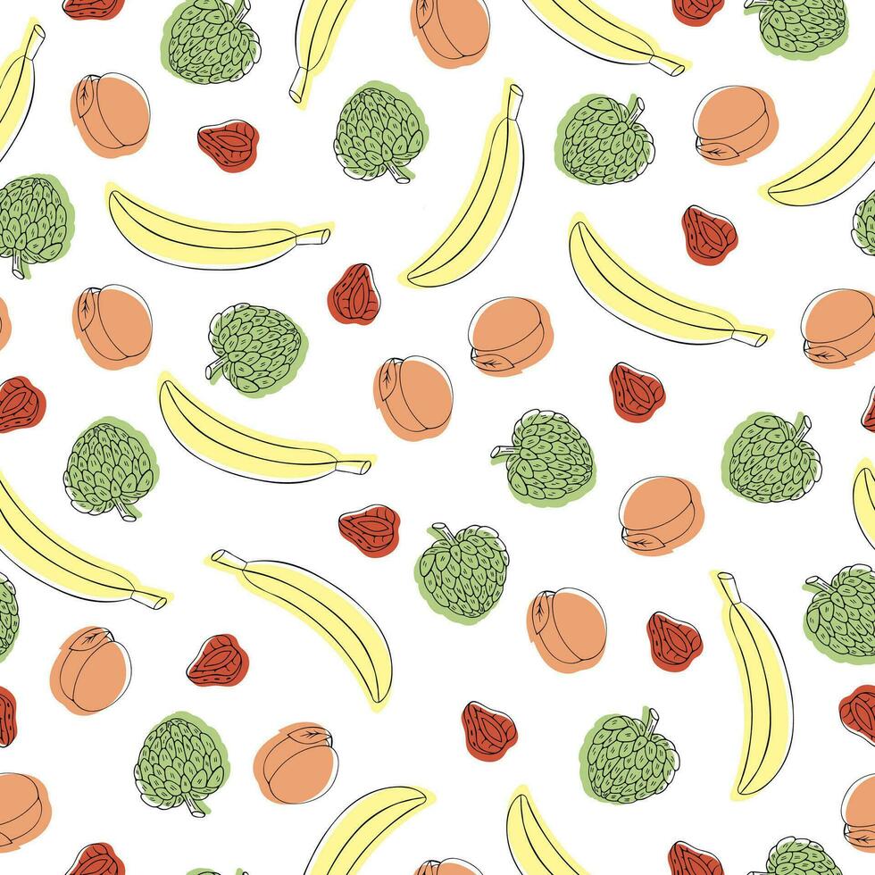 Colorful Vector Seamless Pattern with Cartoon Doodle Cute Fruits and Berries.