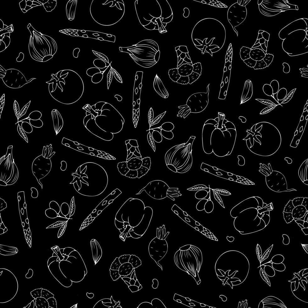 Vegetables pattern on black. Hand-drawn doodle vector seamless pattern of vegetables, metaphor of healthy eating.