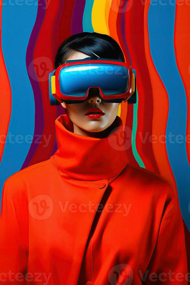 Illustration of a fashion portrait wearing a virtual reality VR headset. AI Generated. photo