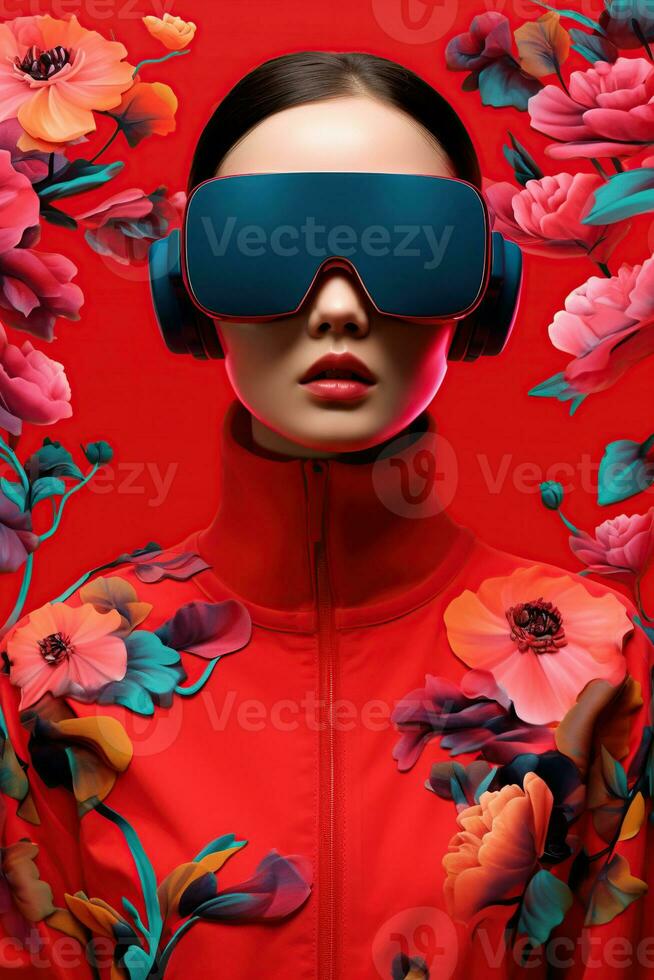 Illustration of a fashion portrait wearing a virtual reality VR headset. AI Generated. photo