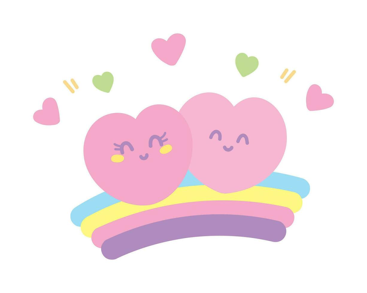 two cute kawaii hearts on sweet pastel rainbow graphic element vector