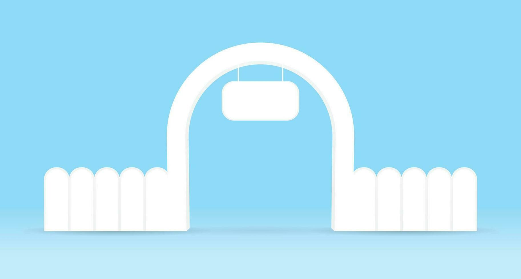 cute minimal white archway with hanging sign and fence 3d illustration vector