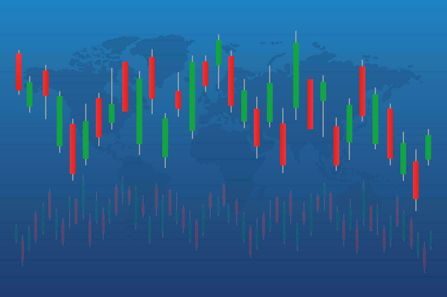 Stock market bar graph on world map, candlestick chart, finance trade data, vector illustration.