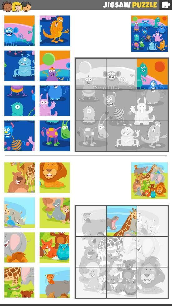 rompecabezas rompecabezas juegos conjunto con dibujos animados fantasía caracteres y animales vector