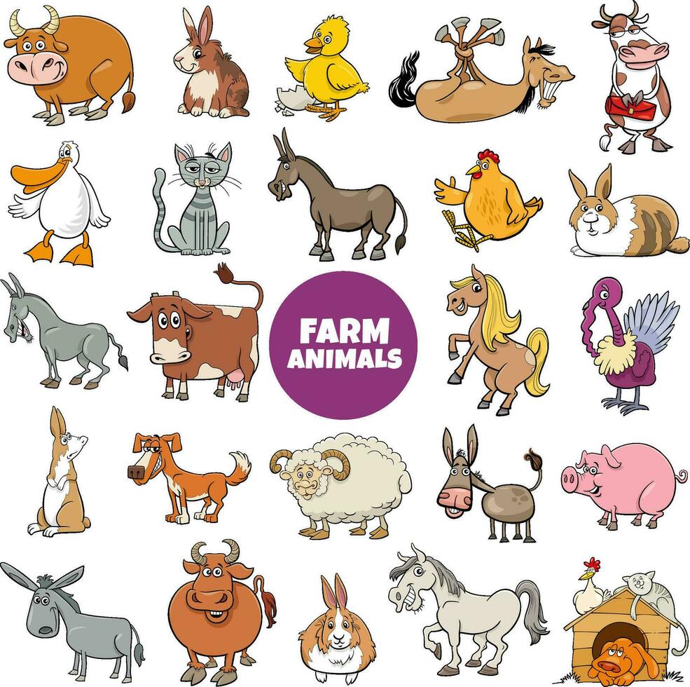 Personajes de animales de granja de divertidos dibujos animados gran conjunto vector