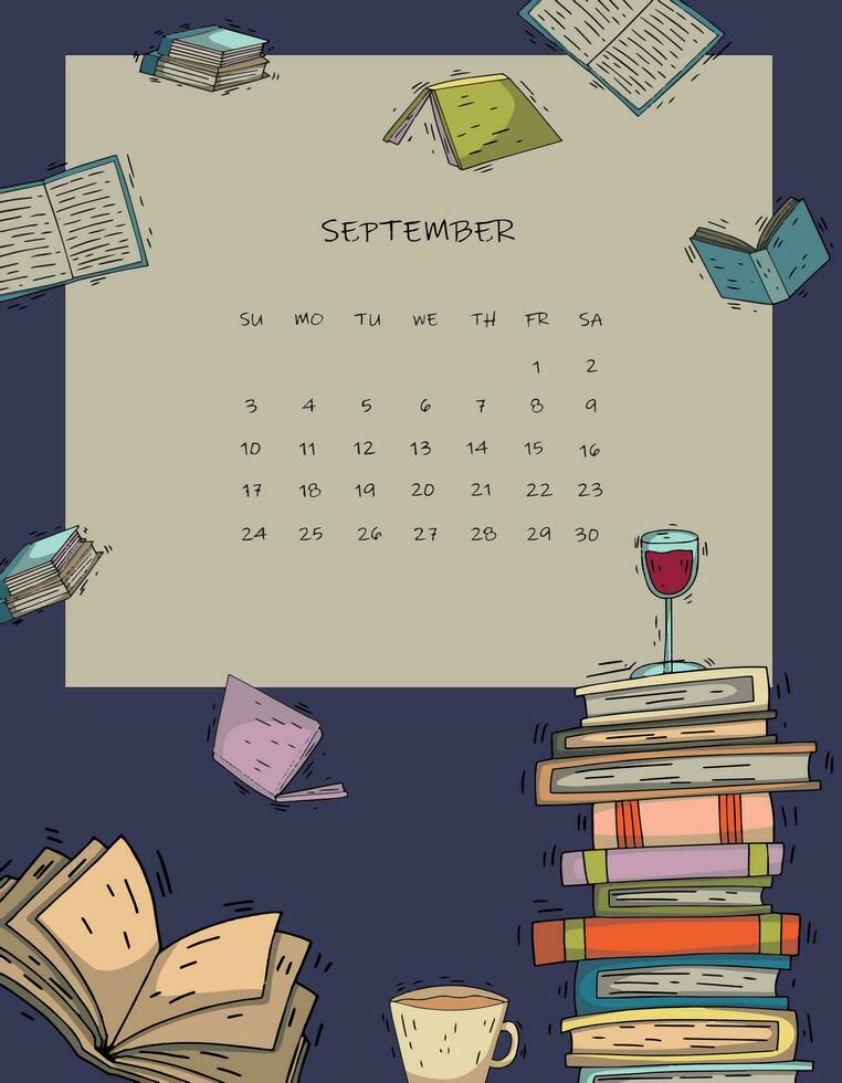 september 2023 calendar page, books items vector