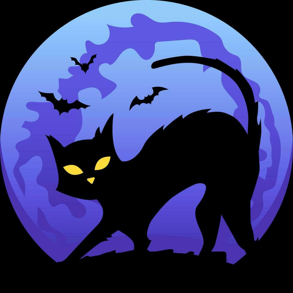 Víspera de Todos los Santos gato silueta con murciélagos azul color vector