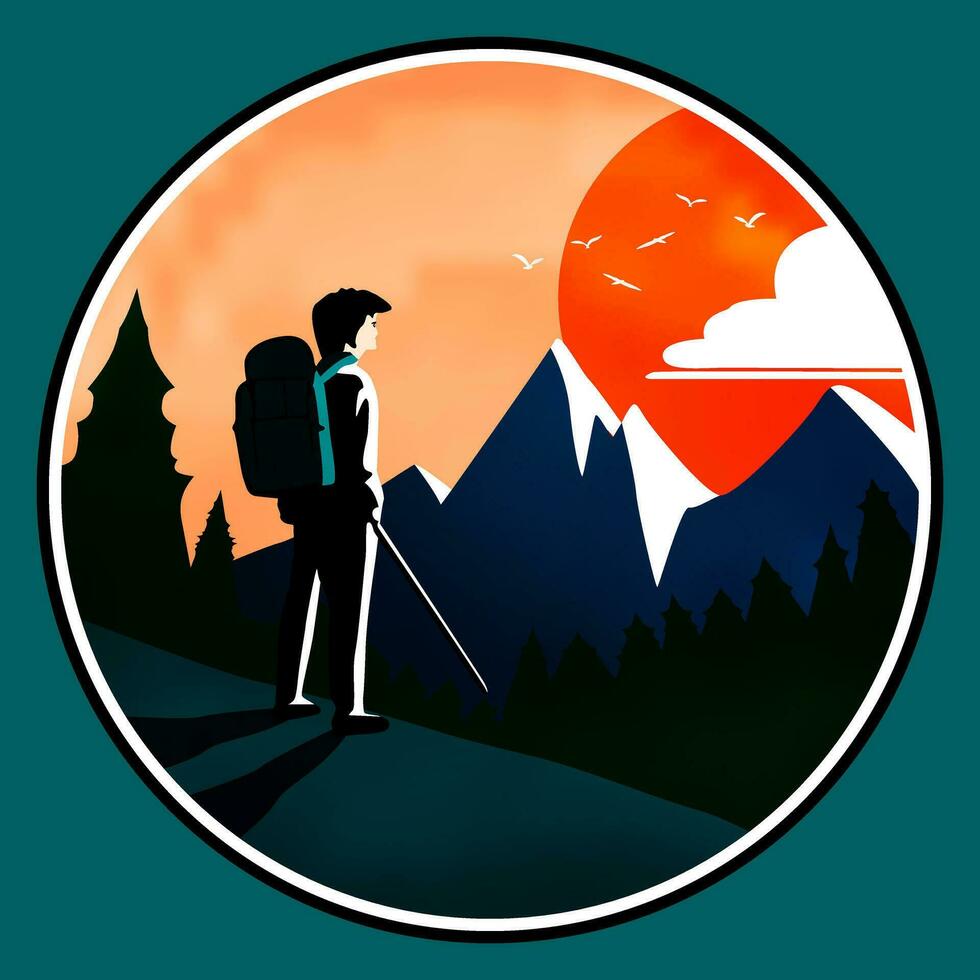 Silhouette man hiking with landscape background vector