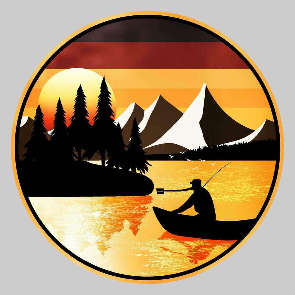 Fishing in a canoe at sunset vector