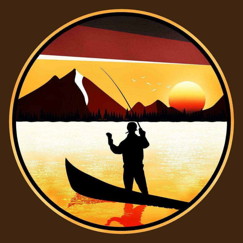 Fishing in a canoe at sunset vector