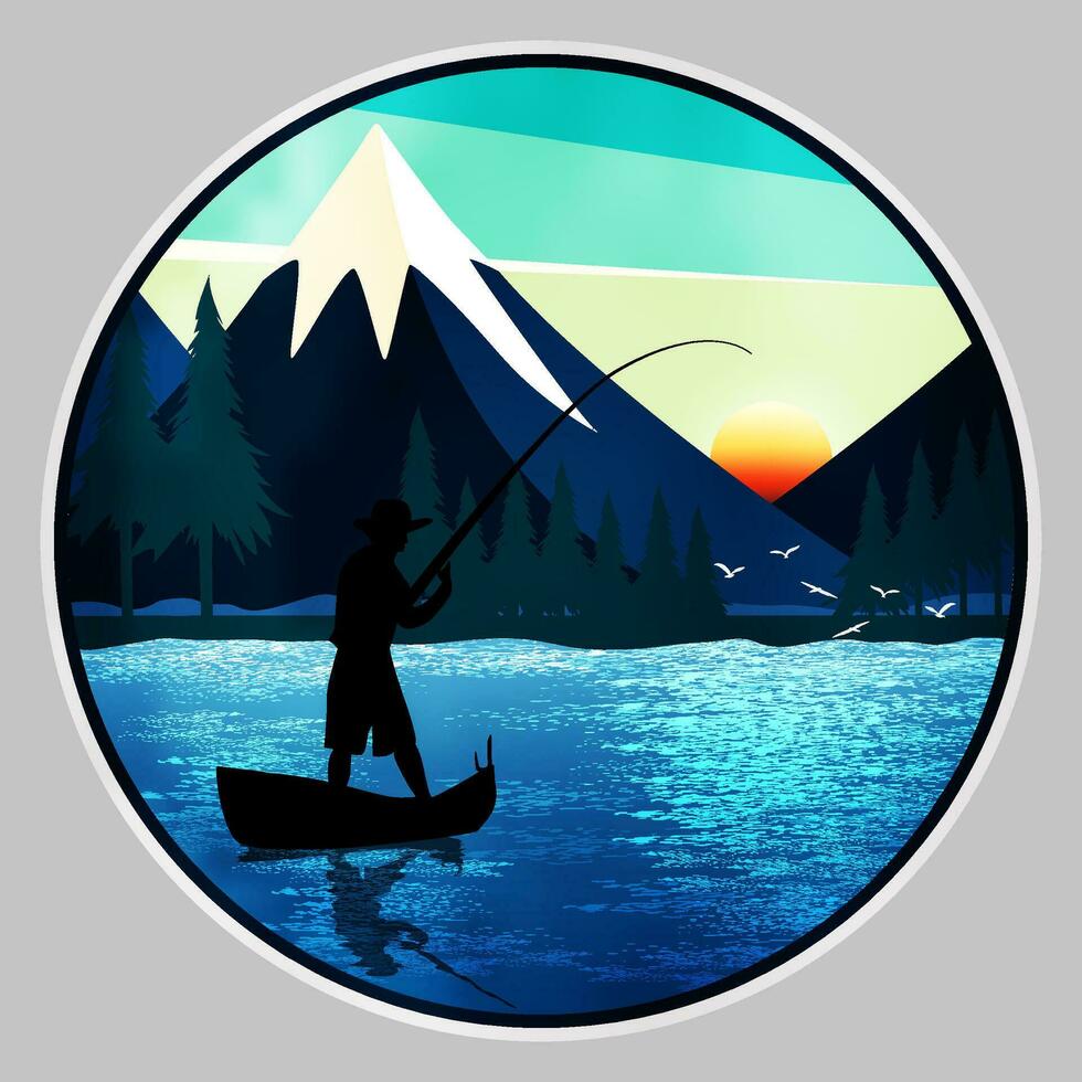 Fishing in a canoe at sunset vector
