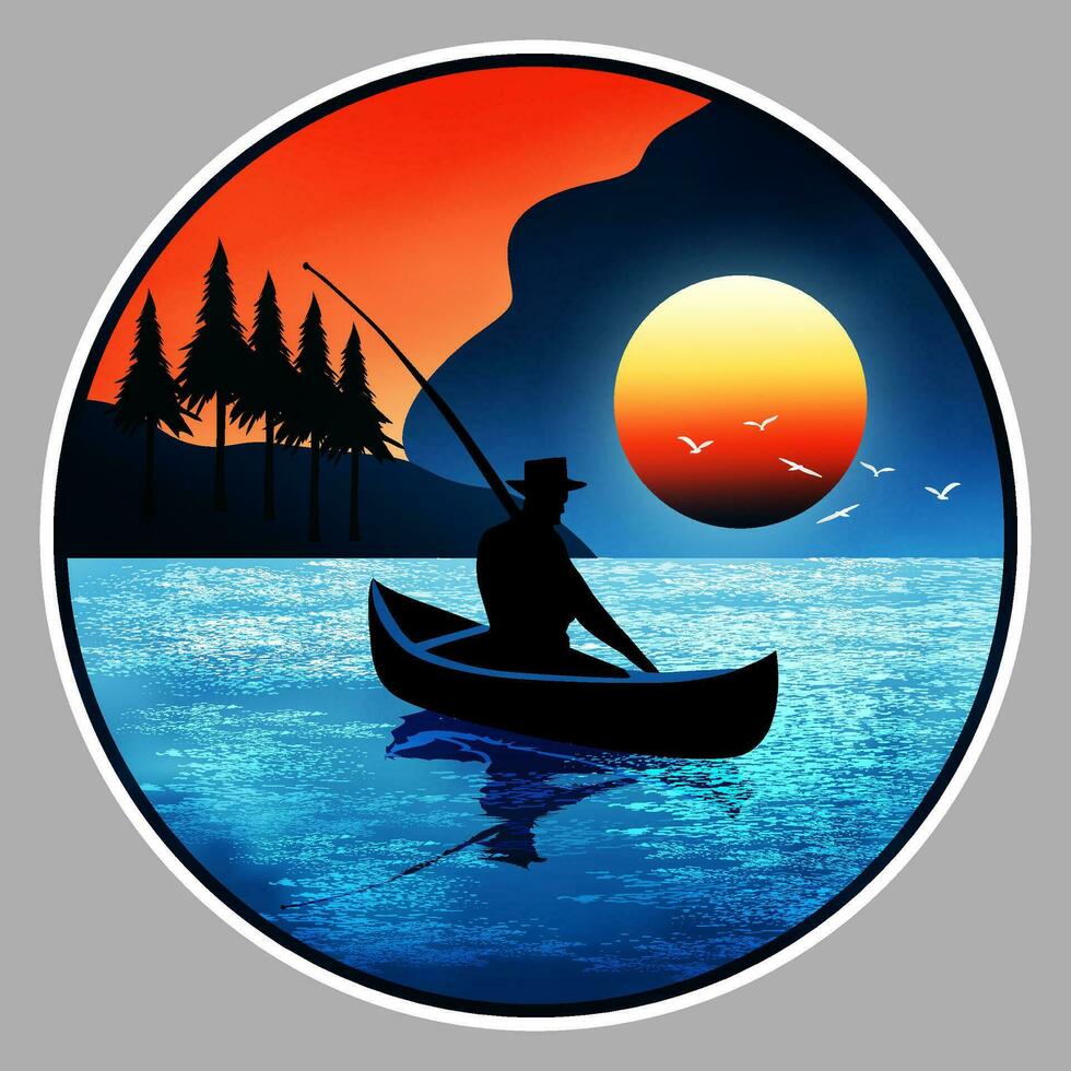 Fishing in a canoe at sunset vector