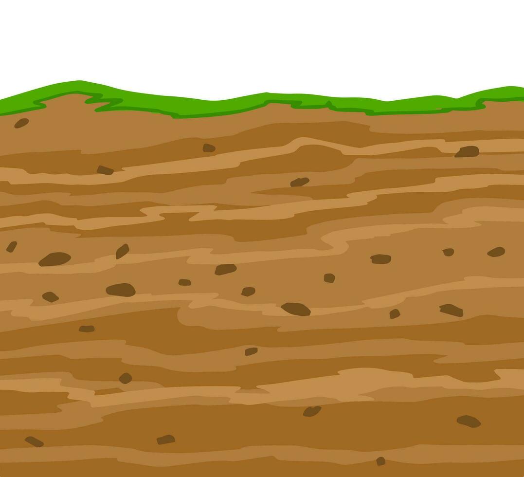 Land in the section. Archaeological scenery. Brown ground. Dirt clay and green grass. Vector cartoon. Underground background. Geological layer