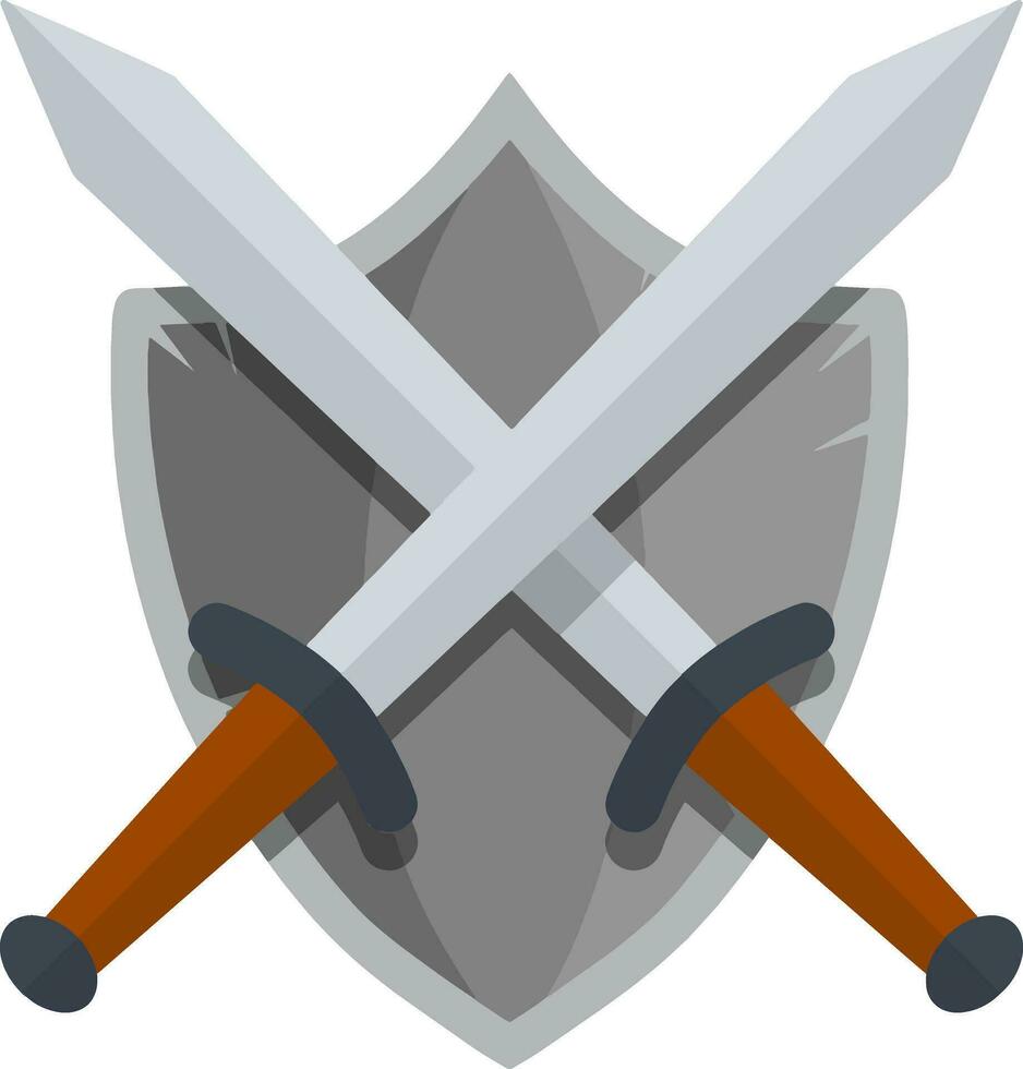 Medieval heraldic coat of arms. Cartoon flat illustration. Defense and protection. Old weapons and armor of knight and warrior. Grey guard shield and crossed sword vector