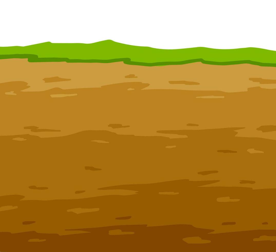 Land in the section. Archaeological scenery. Brown ground. Dirt clay and green grass. Vector cartoon. Underground background. Geological layer