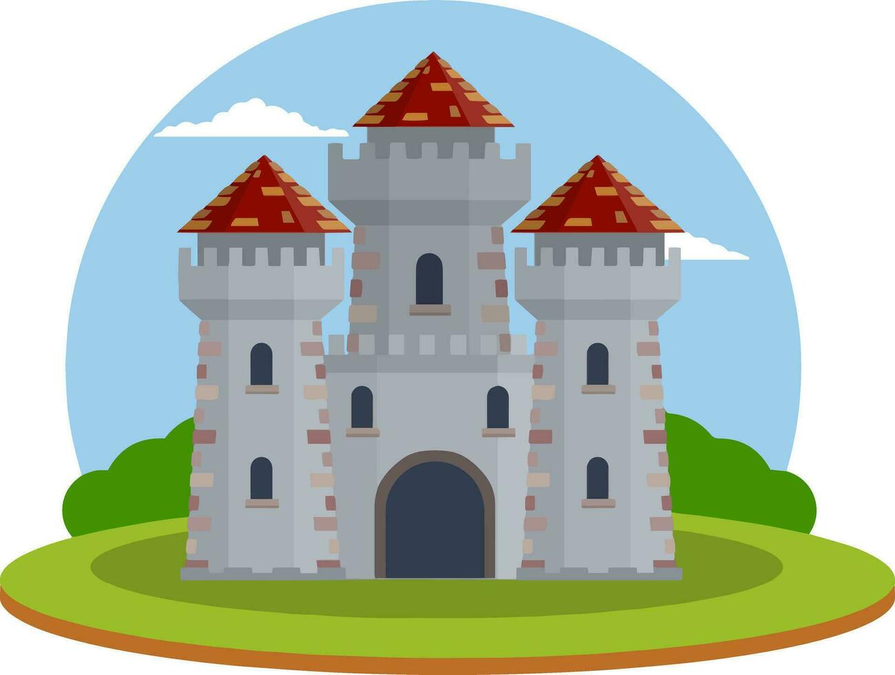 Military building of knight and king. Defense and reliability. Tower, wall and gate. Cartoon flat illustration. Green landscape vector
