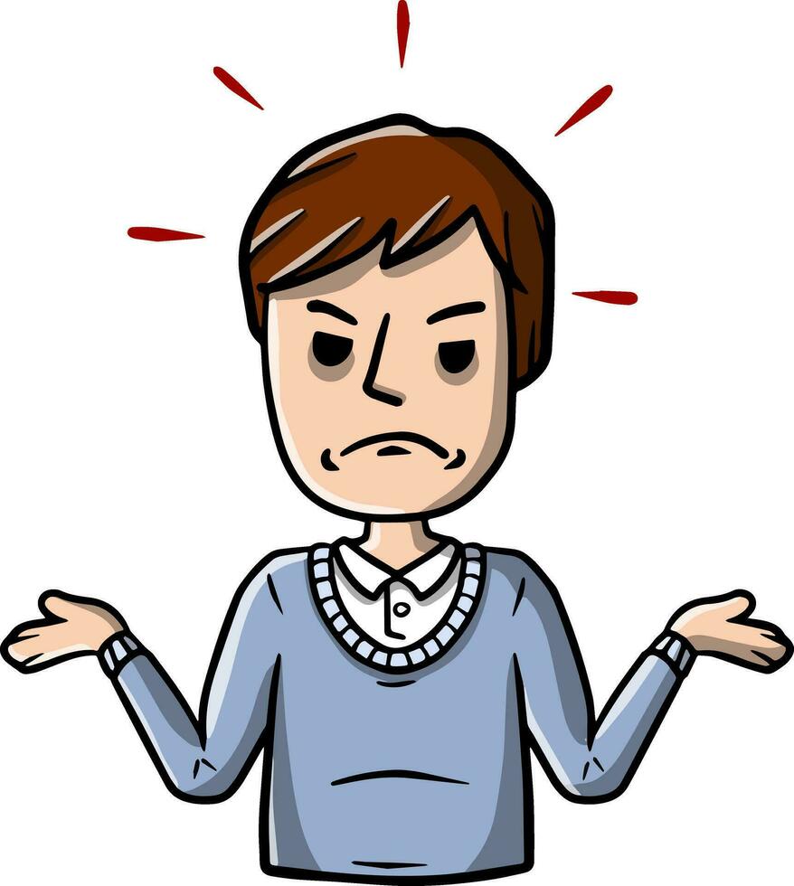 Disgruntled man threw up his hands. Sad character. sorrowful guy. Emotions of malice and unfortunate. Hand-drawn sketch. Unhappy Boy vector