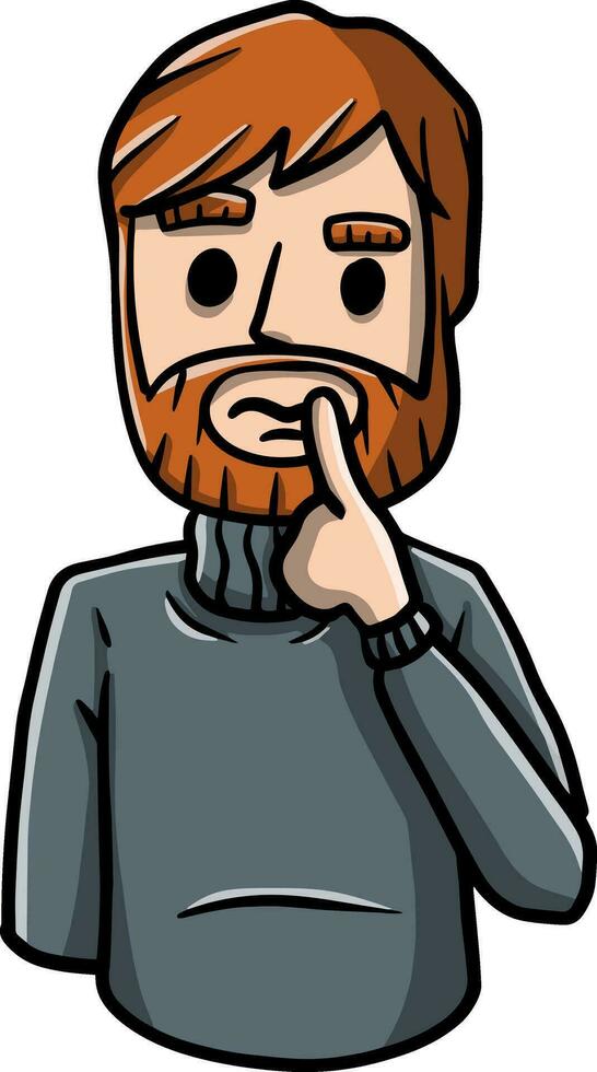 Confused man. Doubts and gesture finger at hands. Emotions of hesitation, suspicion and mistrust. Hand-drawn embarrassed bearded character. Guy and question vector