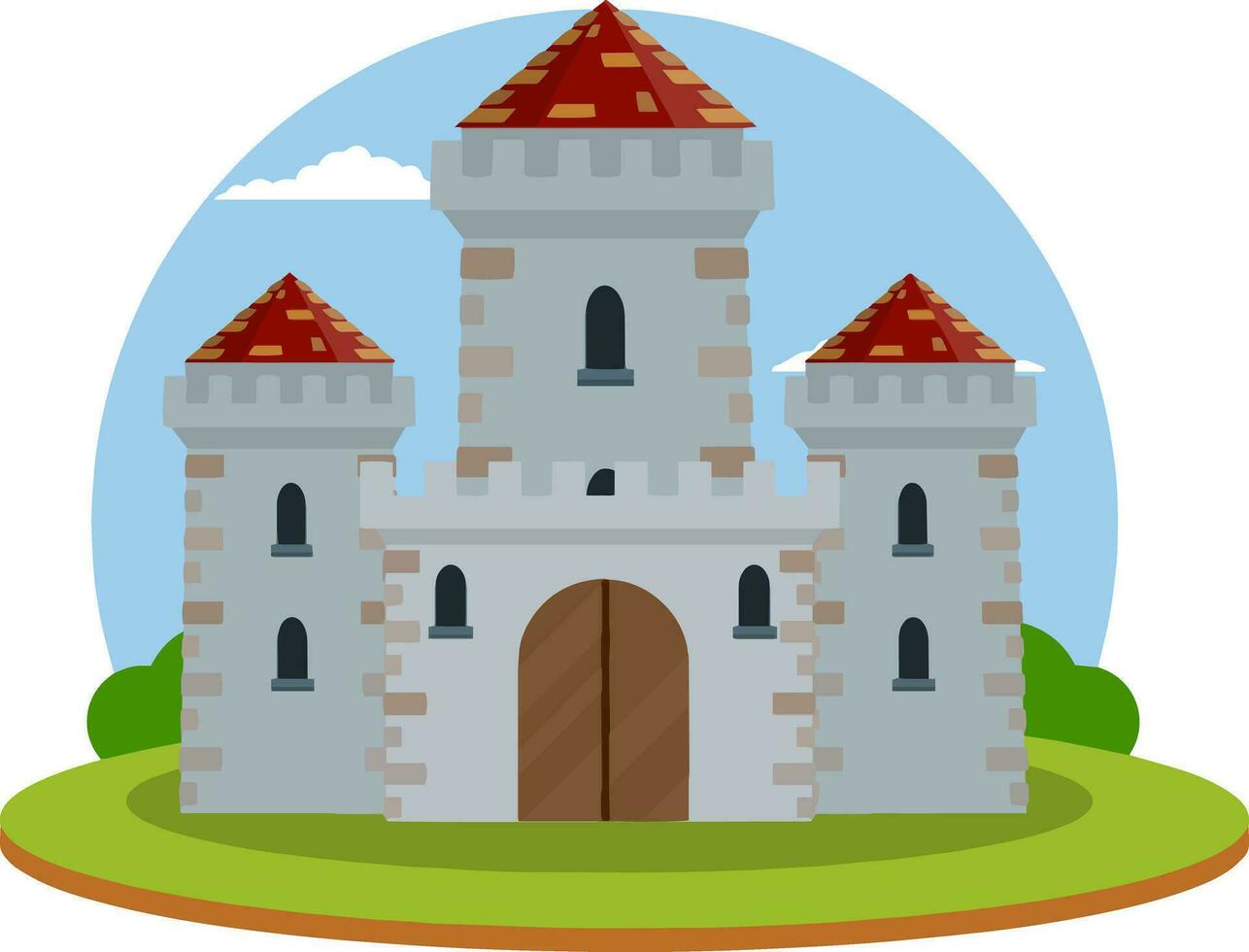 militar edificio de Caballero y rey. defensa y fiabilidad. torre, pared y puerta. dibujos animados plano ilustración. verde paisaje vector