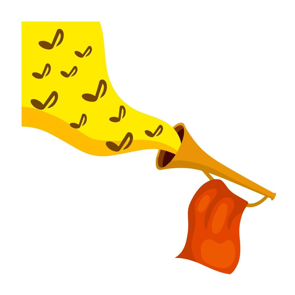 Trumpet. Musical instrument. Golden horn with flag. Solemn event. Element of celebration and awards. Sound and melody. Concept with notes vector