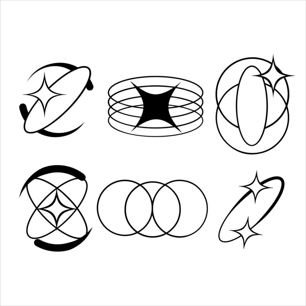 Y2K stars, starburst and retro futuristic graphic set. Collection of Trendy brutal rounded ring collection vector