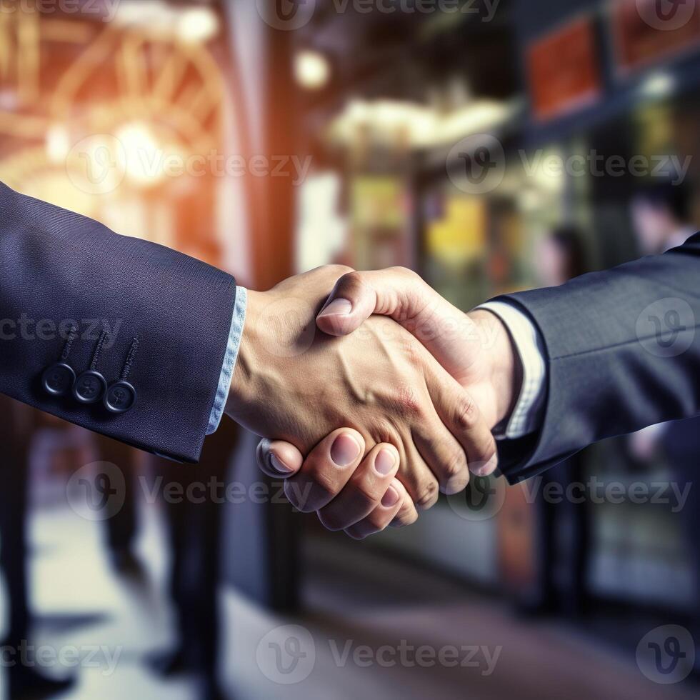 Business shaking hands, finishing up meeting. Successful businessmen handshaking after good deal. Congratulation, merger and acquisition concepts, panoramic banner. photo