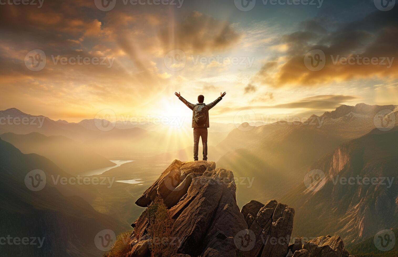 The silhouette of a tourist standing with his arms outstretched the golden glow of the morning sun on the mountaintop. Standing up to achieve success. photo