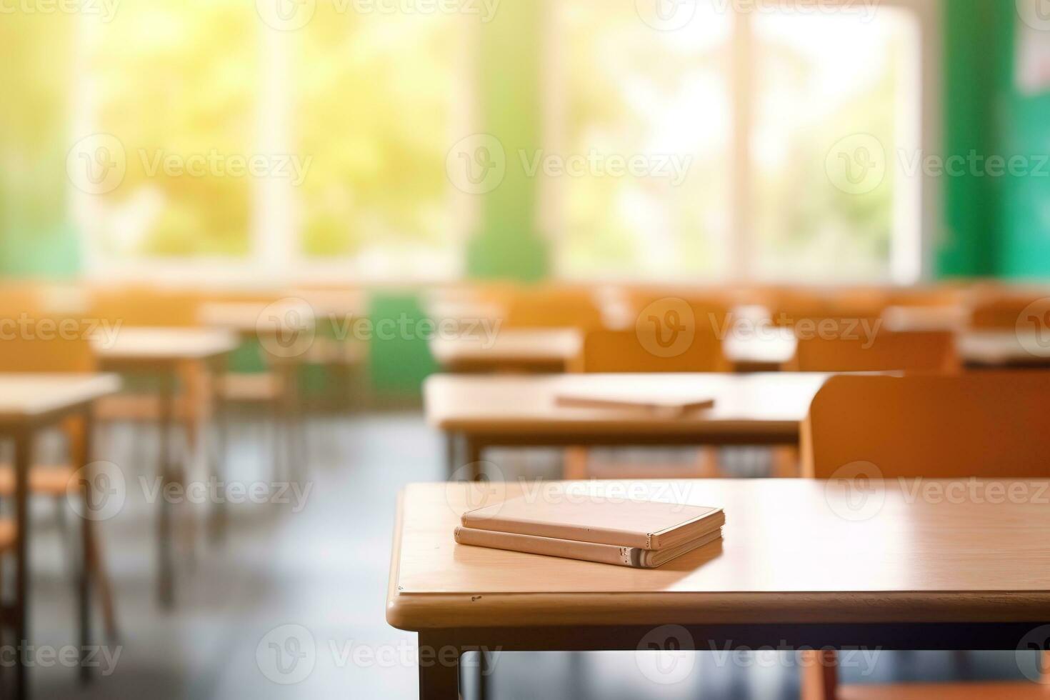 School classroom in blur background without young student. Blurry view of elementary class room no kid or teacher with chairs and tables in campus. Back to school concept. Generative AI photo