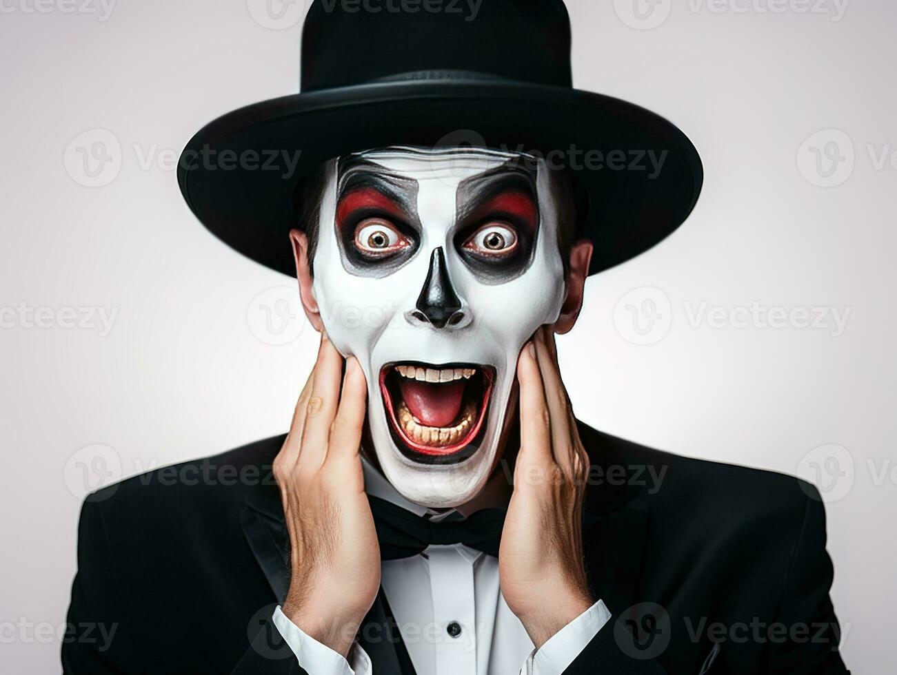 A shocked man in Halloween make-up and costume grabs his face in fright. Man in black hat, suit and skull make-up opens his eyes and mouth wide in fear on white background. Generative AI photo