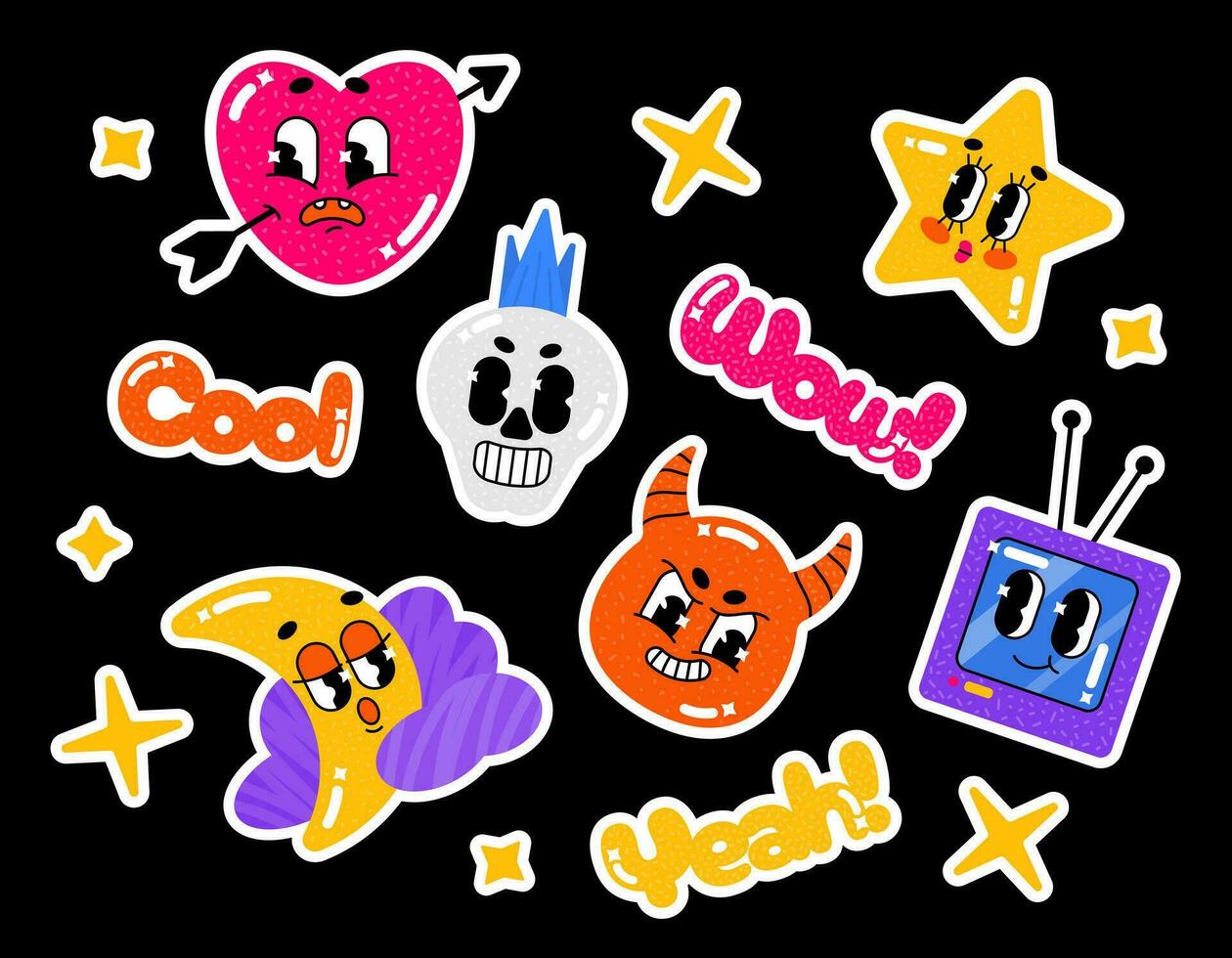 Set collection of trendy flat bright stickers. Cartoon characters in retro style. Pierced surprised heart, punk skull with mohawk, evil demon devil, old TV, star, sleepy moon. vector