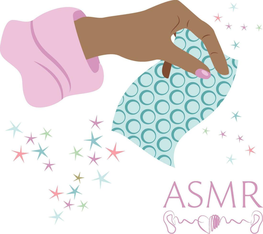 Vector ASMR illustration with broadcasting blogger woman using air bubble wrapper to make rustling
