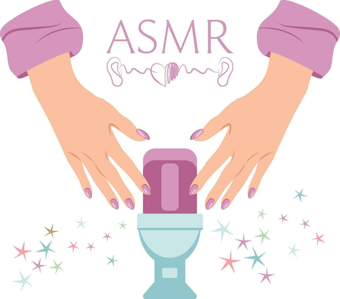 Vector ASMR illustration with video blogger woman using nails on microphone to make tapping sound