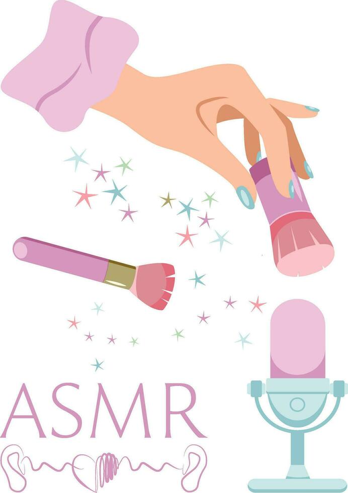 Vector ASMR illustration with broadcasting blogger woman using brush on microphone to make whisper