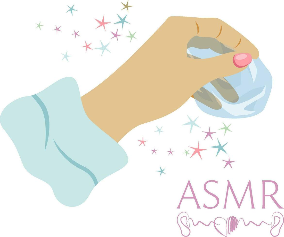 Vector ASMR illustration with broadcasting blogger woman using plastic wrapper to make rustling