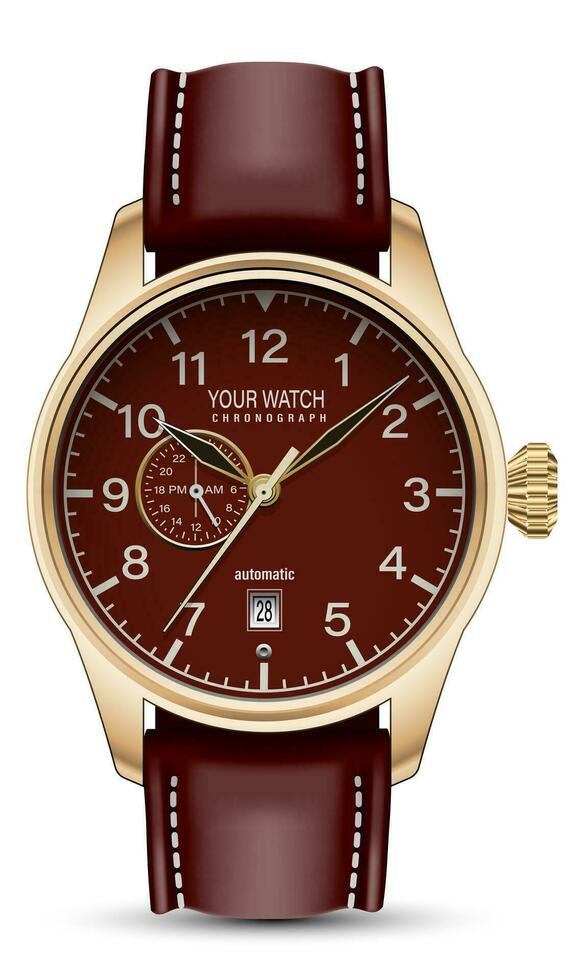Realistic watch clock chronograph face gold dark red leather strap on white design classic luxury for men vector