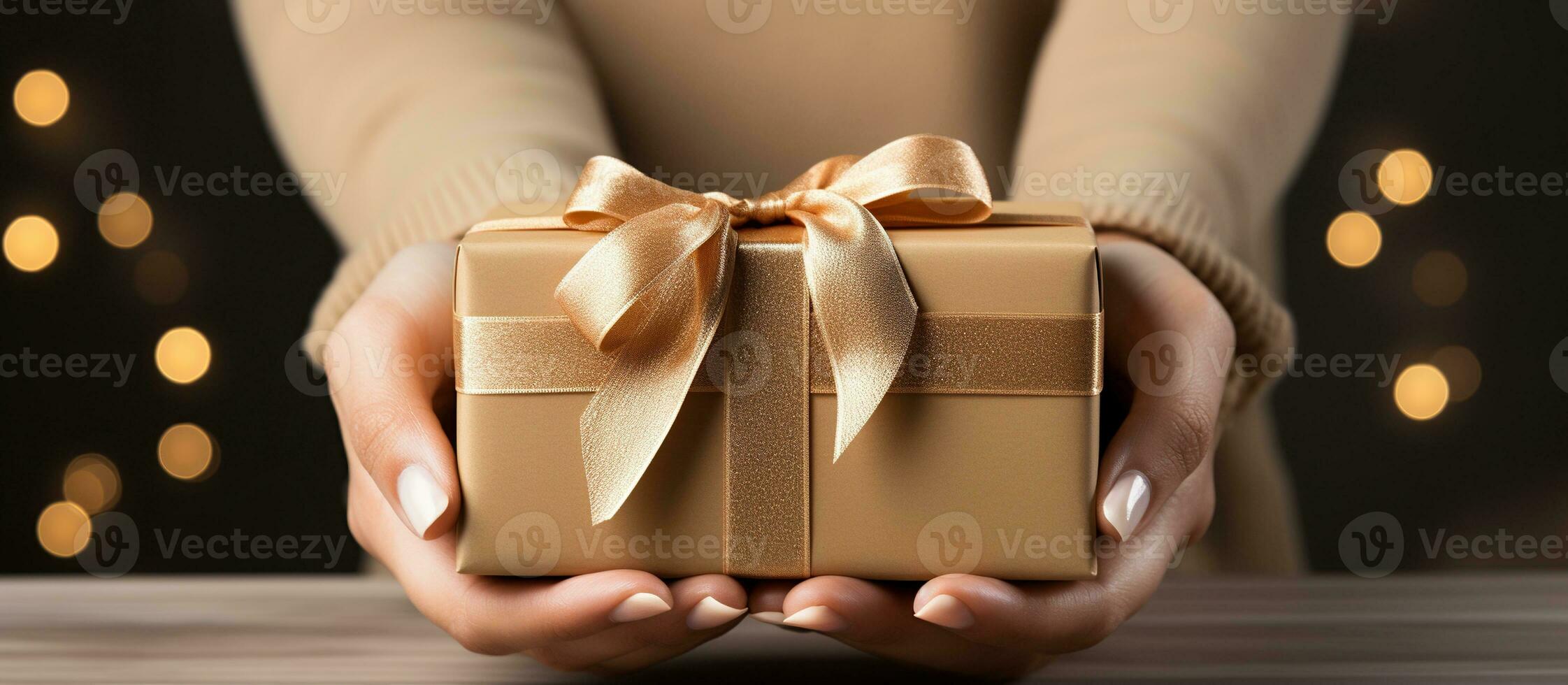 Illustration of a gift box in hand with a Christmas background, AI Generated photo