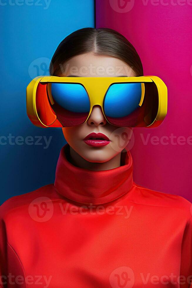 Illustration of a fashion portrait wearing a virtual reality VR headset. AI Generated. photo