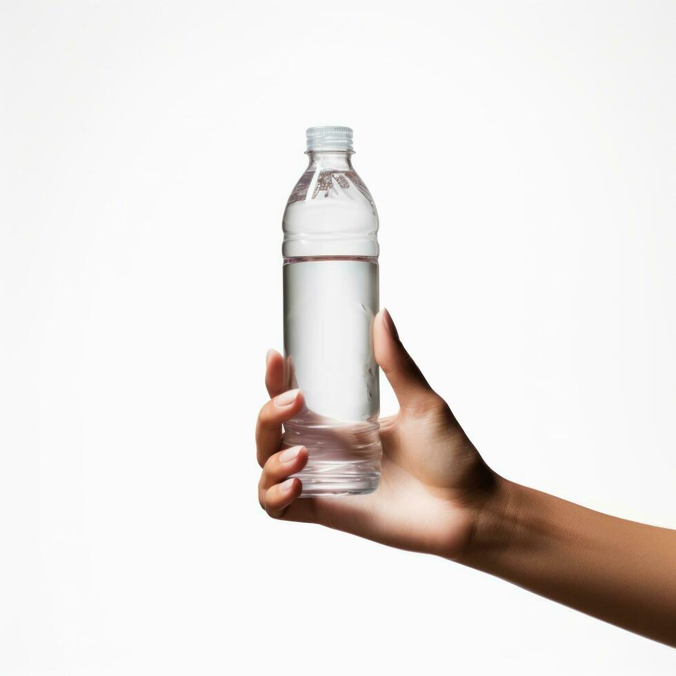 Hand holding water bottle on white background, by AI Generative. photo