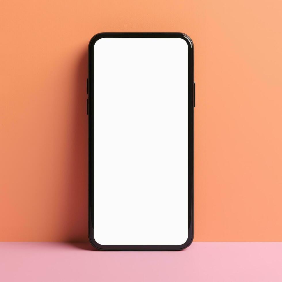 plano laico de teléfono inteligente con blanco pantalla en pastel fondo, generativo ai. foto