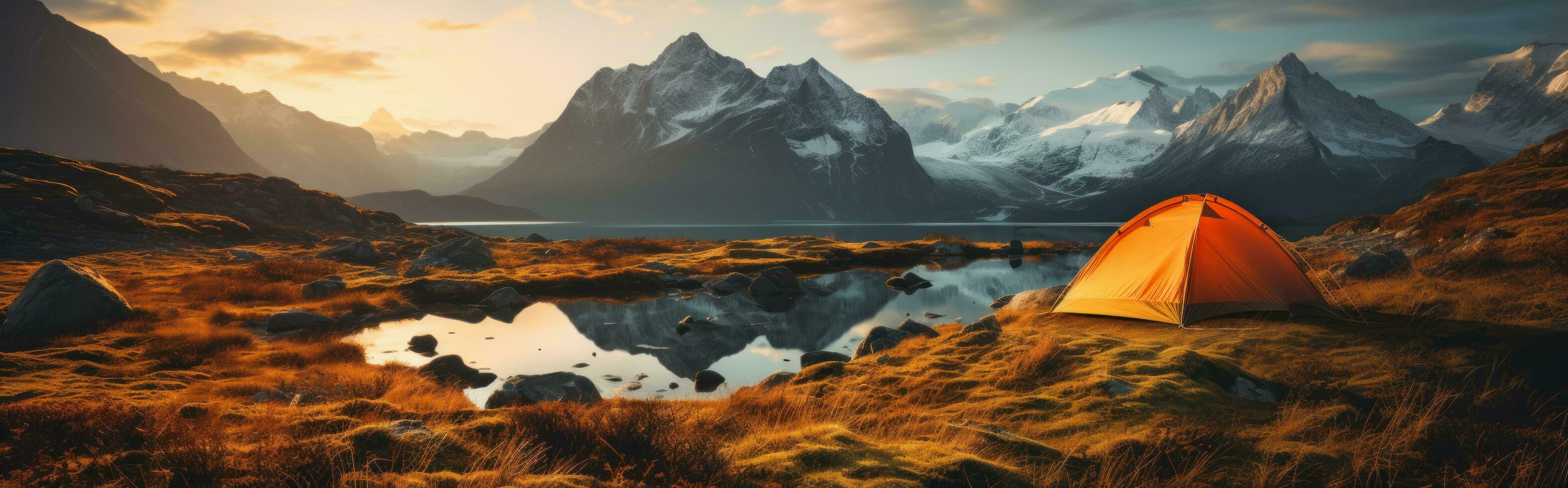 Lonely glowing orange tent on mountains with lagoon on morning light, by AI Generative. photo