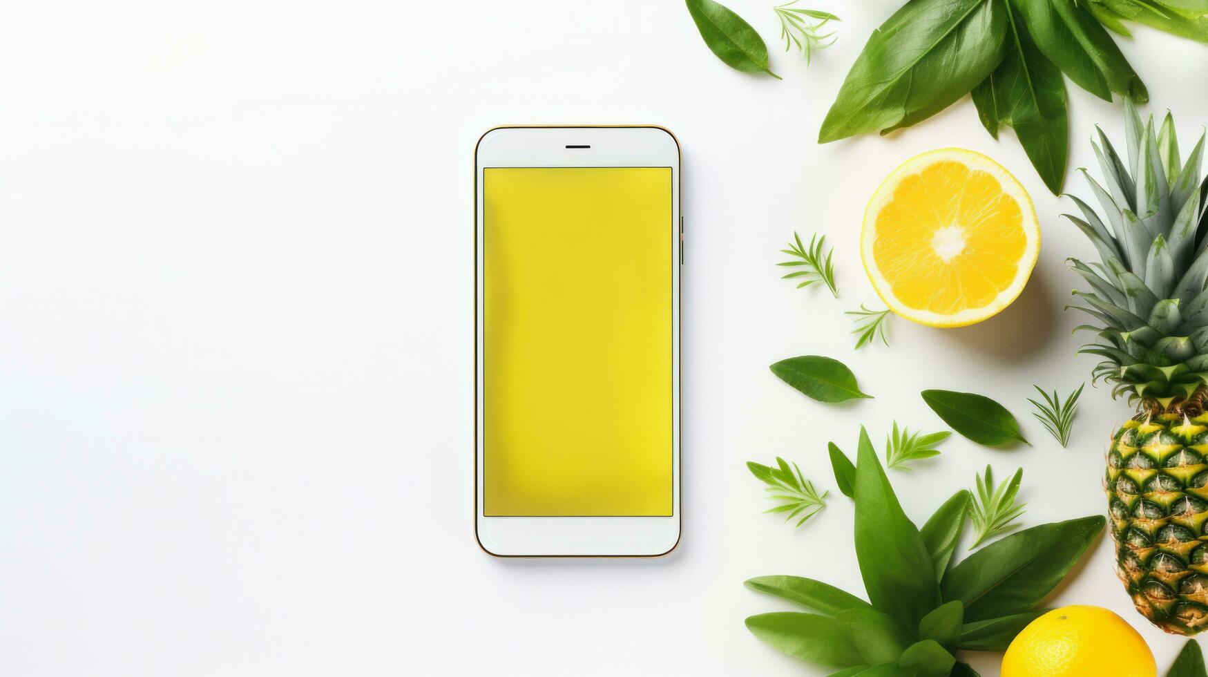 Flat lay of smartphone with blank screen and pineapple, lime and leaves on white background, Generative ai. photo