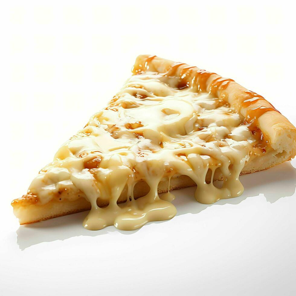 closeup of a slice of cheese pizza with dripping Melt mozzarella on white background Ai Generative photo