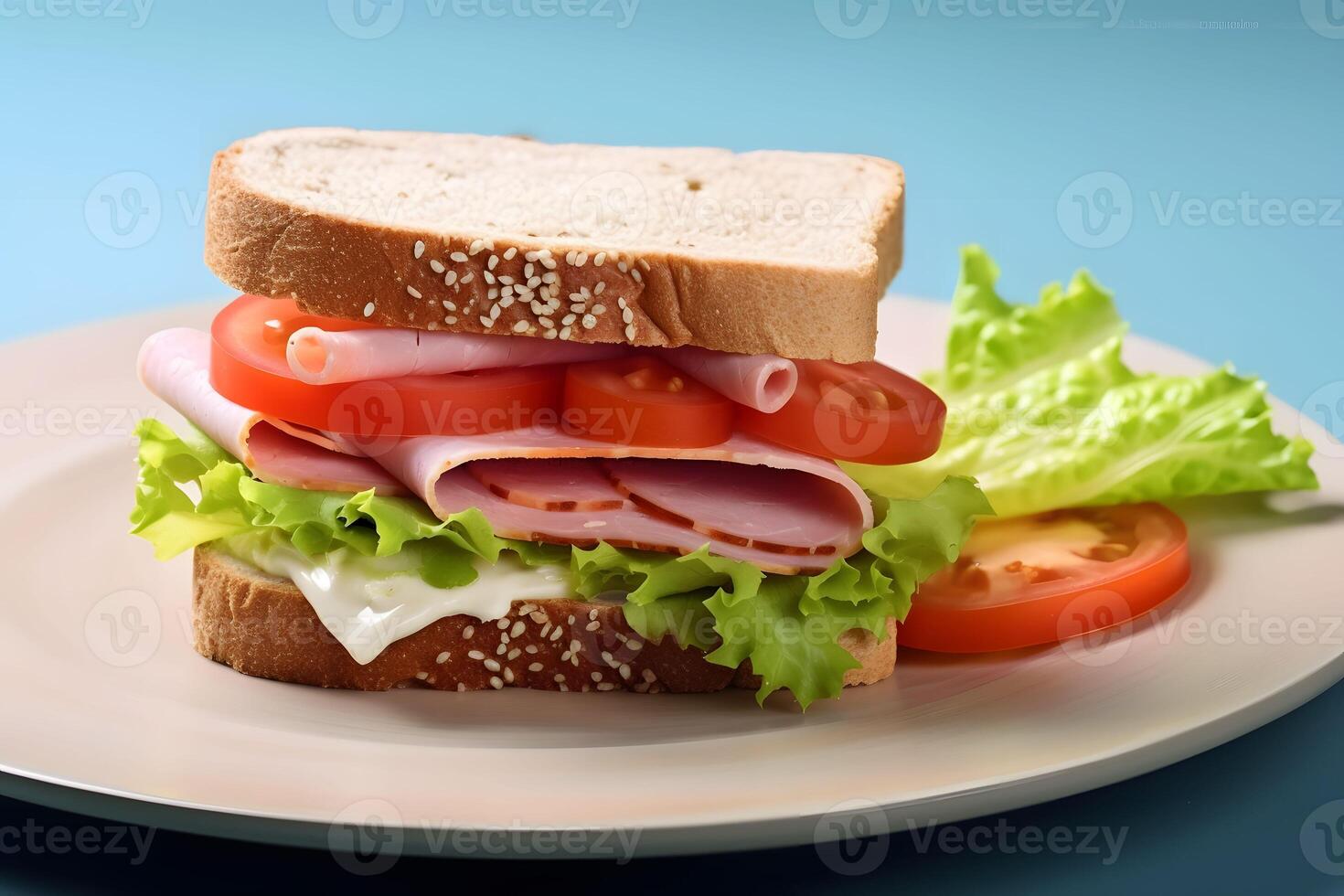 Closeup Sandwich Bologna Sauce with tomato slice, lettuce , bread, sliced meat AI Generative Image photo